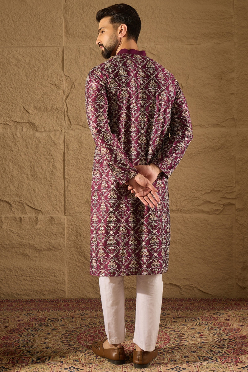 Mens Purple Silk Printed Straight Kurta