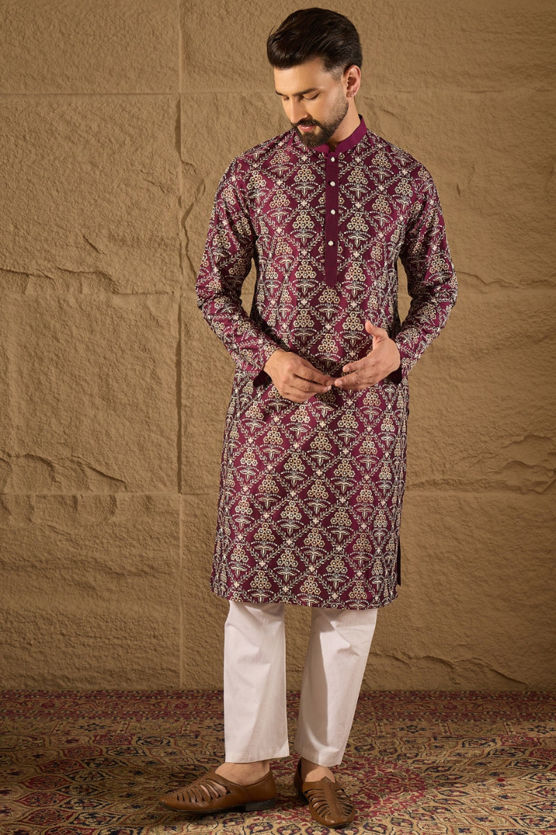 Mens Purple Silk Printed Straight Kurta