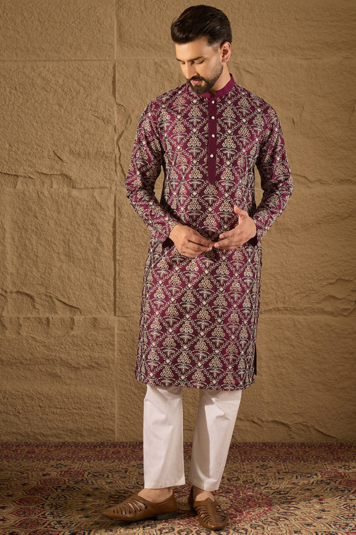 Mens Purple Silk Printed Straight Kurta