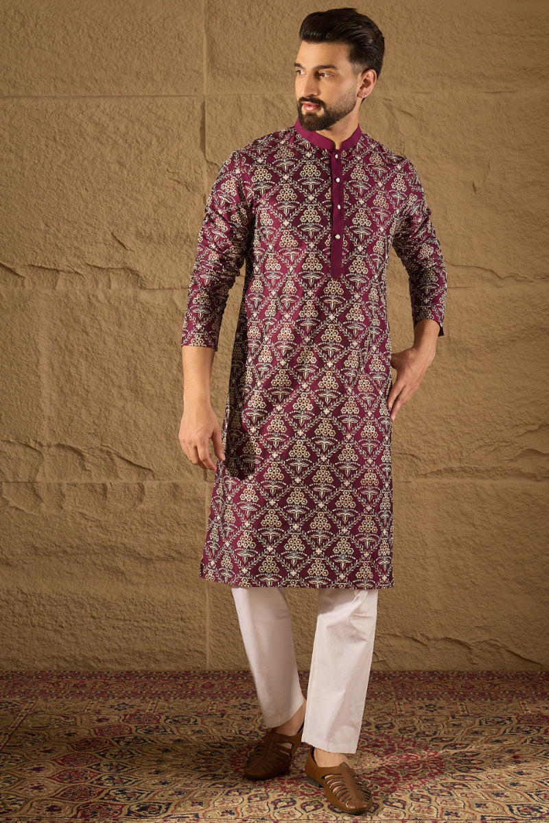 Mens Purple Silk Printed Straight Kurta