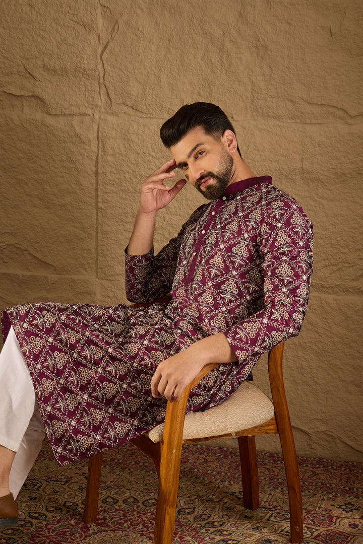 Mens Purple Silk Printed Straight Kurta