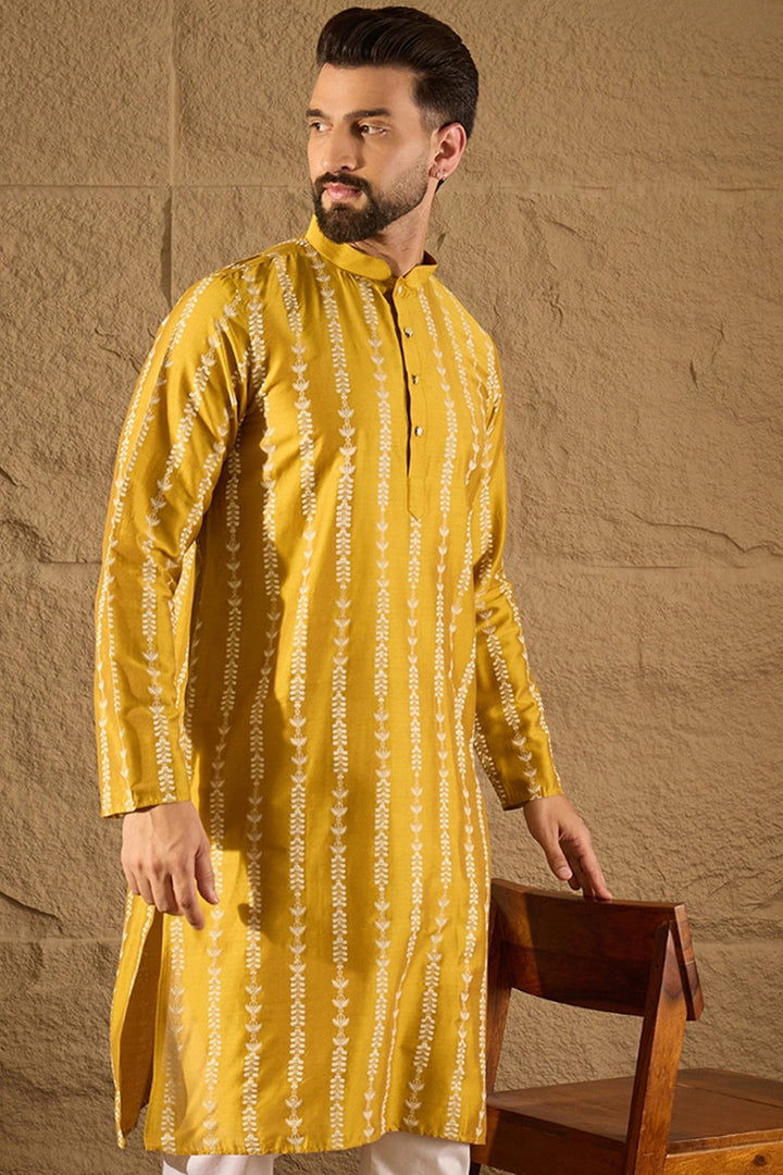 Mens Yellow Viscose Rayon Ethnic Motifs Printed Straight Kurta