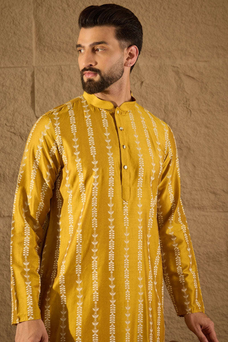 Mens Yellow Viscose Rayon Ethnic Motifs Printed Straight Kurta