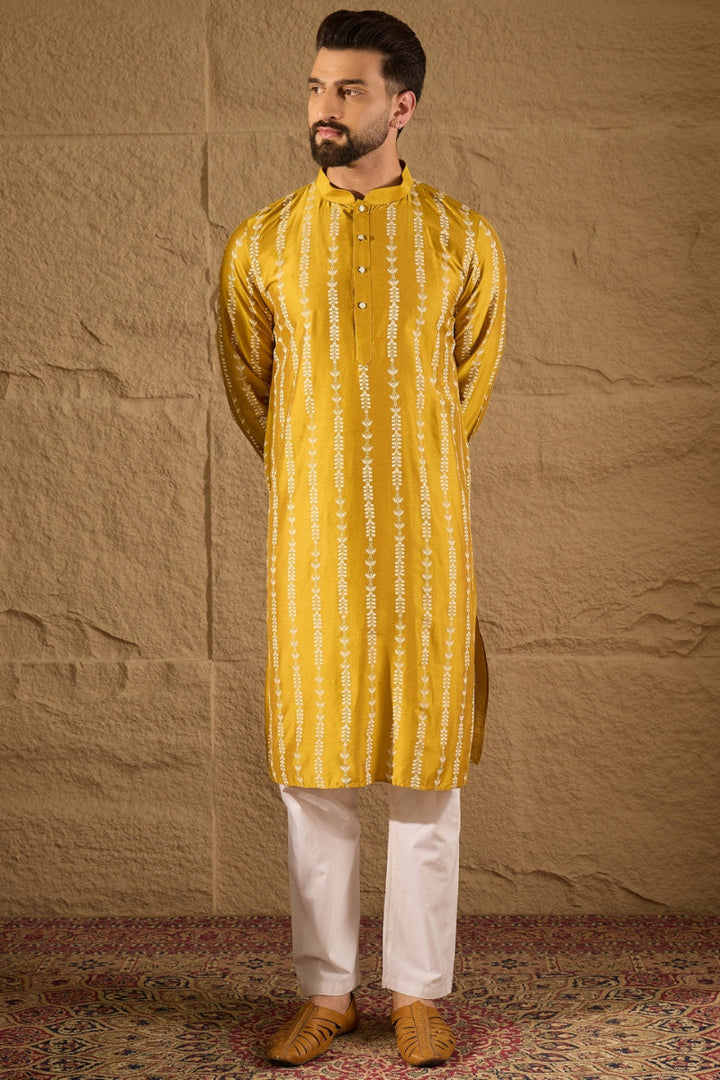 Mens Yellow Viscose Rayon Ethnic Motifs Printed Straight Kurta