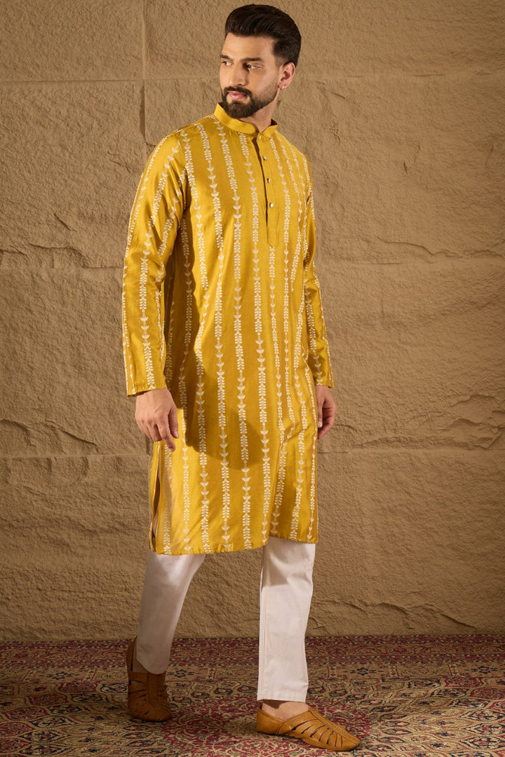 Mens Yellow Viscose Rayon Ethnic Motifs Printed Straight Kurta