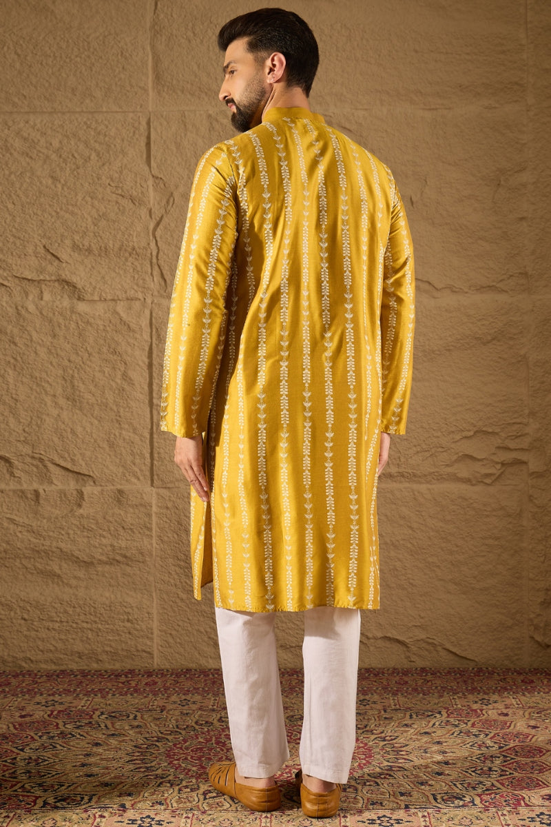 Mens Yellow Viscose Rayon Ethnic Motifs Printed Straight Kurta