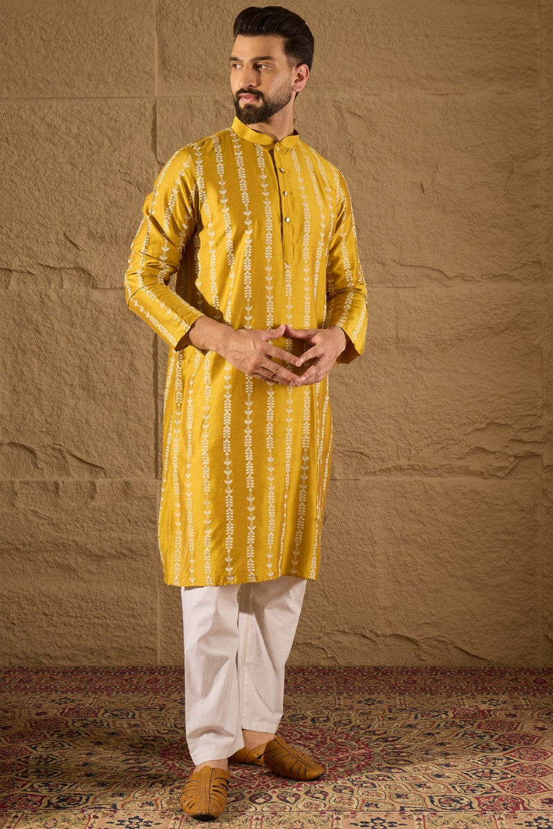 Mens Yellow Viscose Rayon Ethnic Motifs Printed Straight Kurta