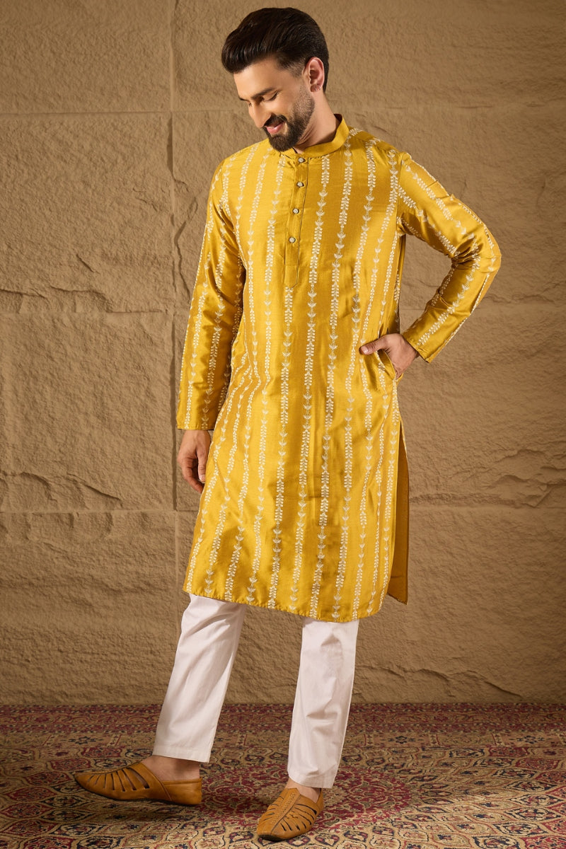 Mens Yellow Viscose Rayon Ethnic Motifs Printed Straight Kurta