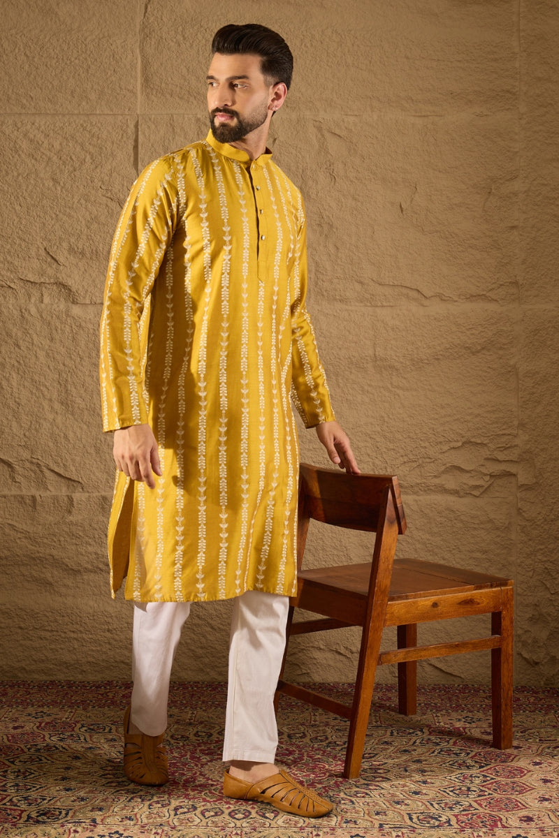 Mens Yellow Viscose Rayon Ethnic Motifs Printed Straight Kurta