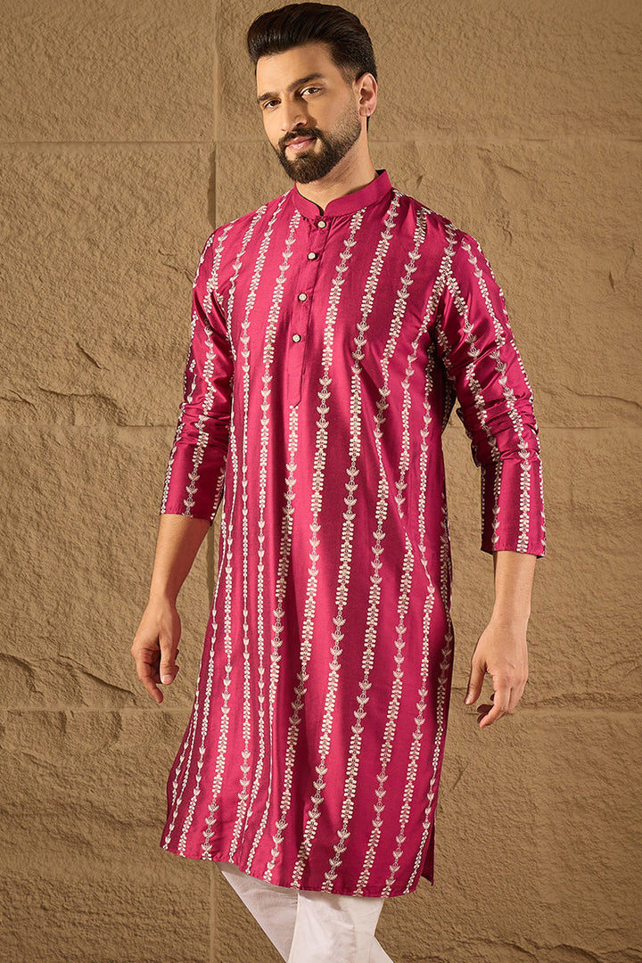 Mens Pink Silk Ethnic Motifs Printed Straight Kurta