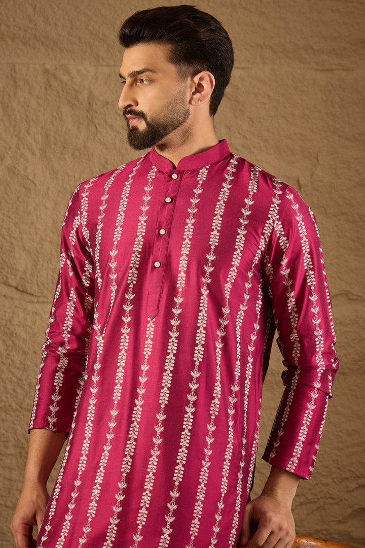 Mens Pink Silk Ethnic Motifs Printed Straight Kurta
