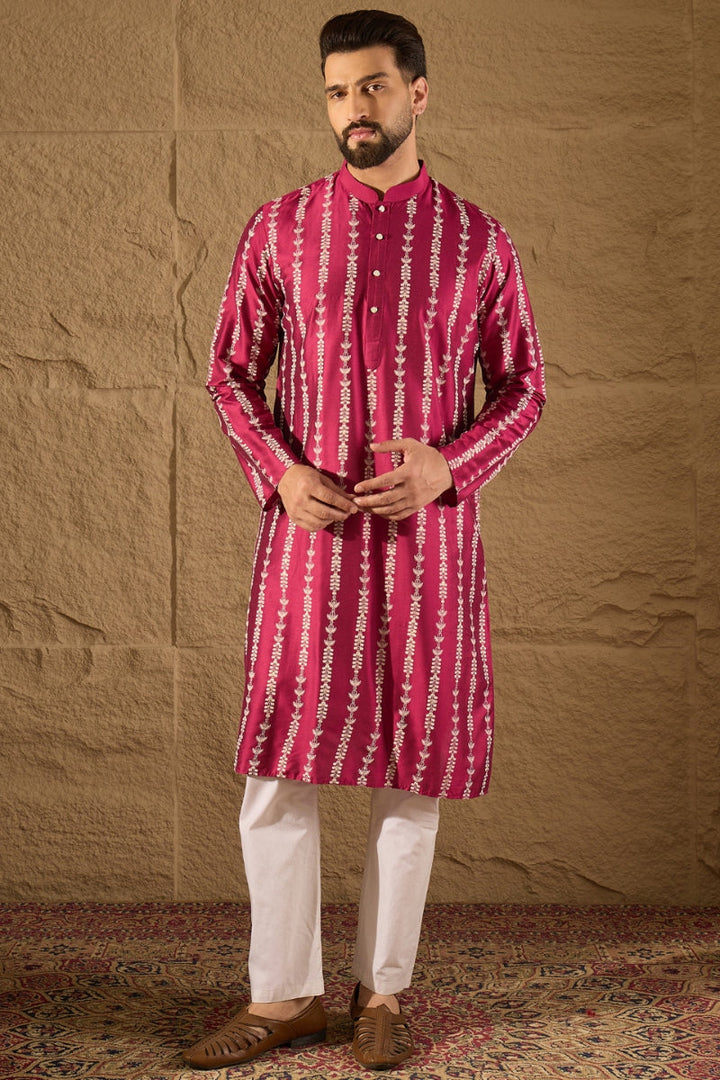 Mens Pink Silk Ethnic Motifs Printed Straight Kurta