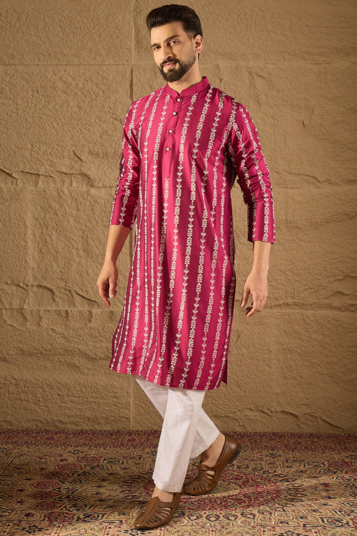 Mens Pink Silk Ethnic Motifs Printed Straight Kurta