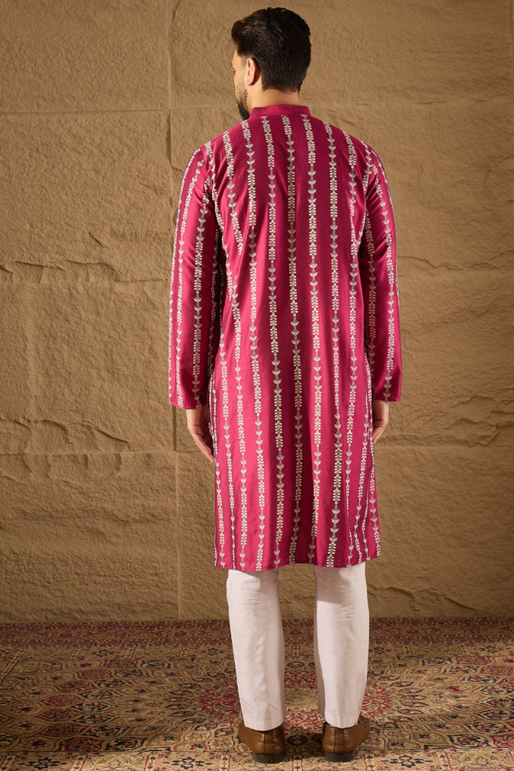 Mens Pink Silk Ethnic Motifs Printed Straight Kurta