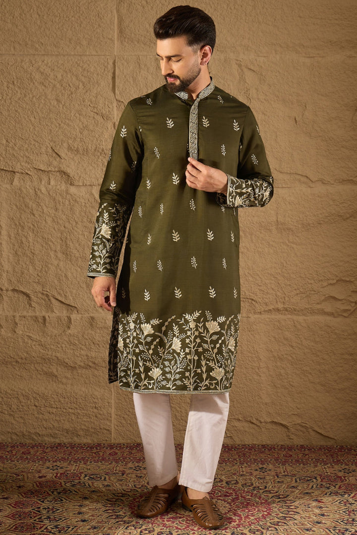 Mens Olive Vertican Solid Embroidered Straight Kurta
