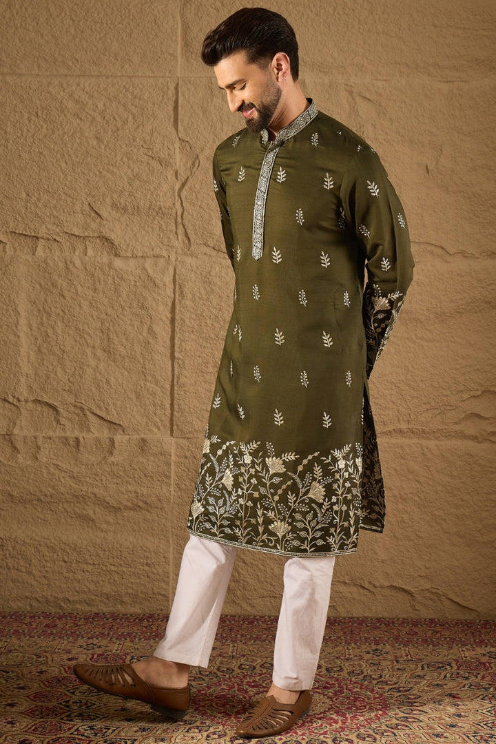 Mens Olive Vertican Solid Embroidered Straight Kurta