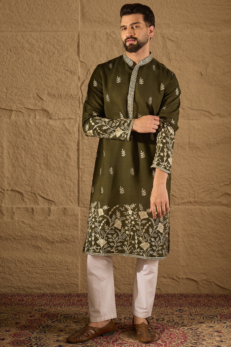 Mens Olive Vertican Solid Embroidered Straight Kurta