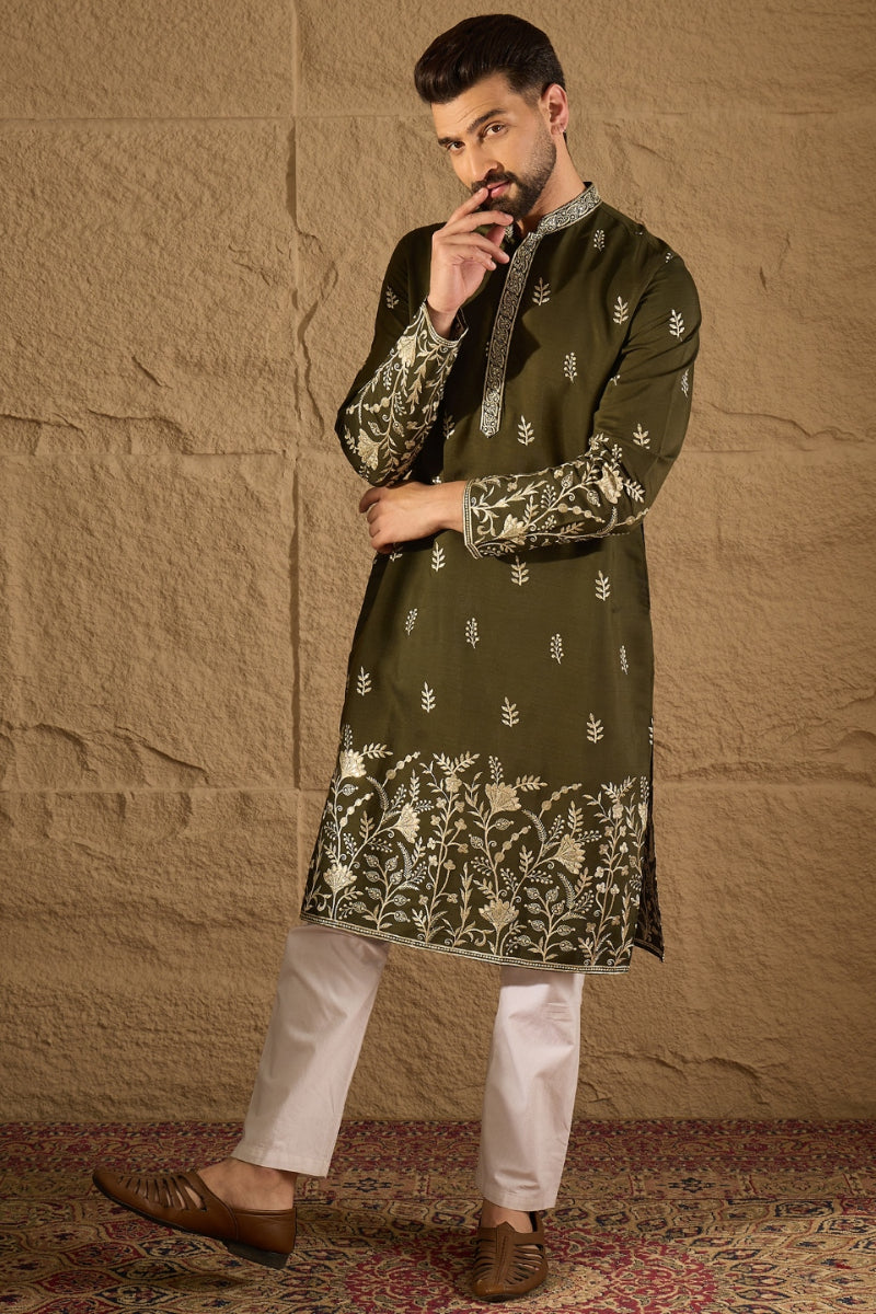 Mens Olive Vertican Solid Embroidered Straight Kurta