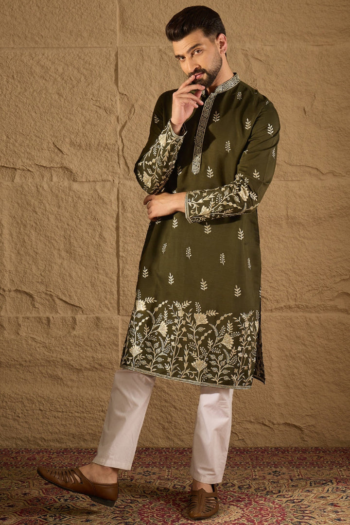Mens Olive Vertican Solid Embroidered Straight Kurta