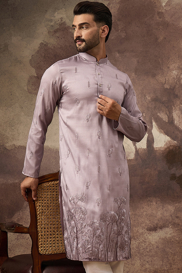 Mens Lavender Silk Blend Solid Embroidered Straight Kurta