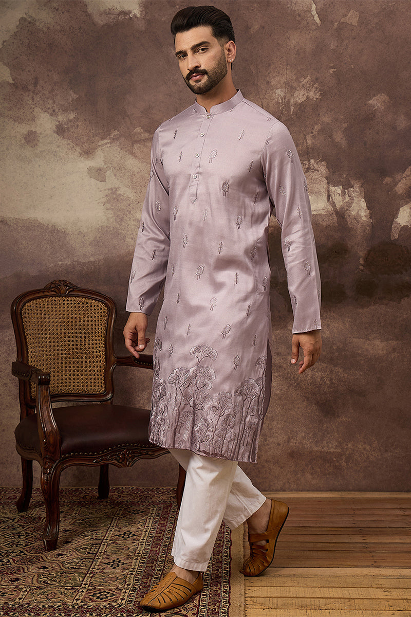Mens Lavender Silk Blend Solid Embroidered Straight Kurta