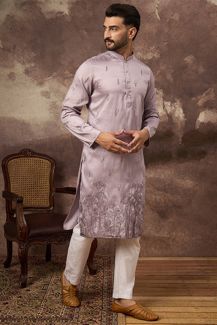 Mens Lavender Silk Blend Solid Embroidered Straight Kurta