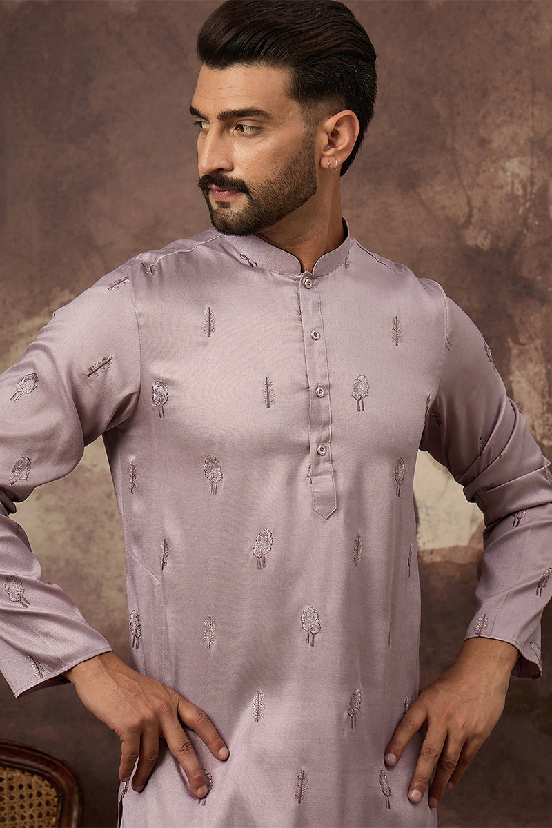 Mens Lavender Silk Blend Solid Embroidered Straight Kurta