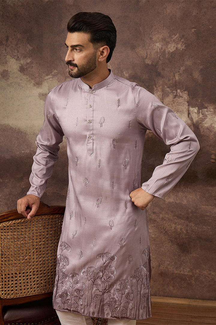 Mens Lavender Silk Blend Solid Embroidered Straight Kurta