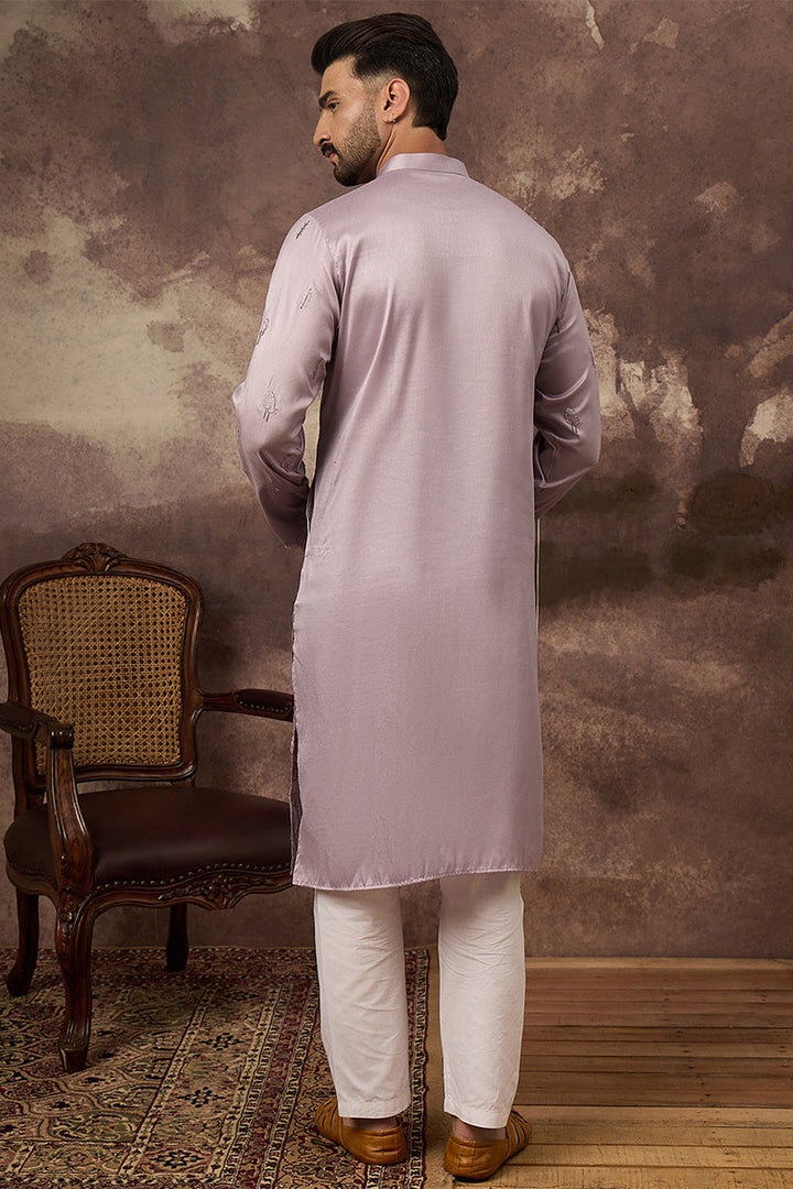 Mens Lavender Silk Blend Solid Embroidered Straight Kurta