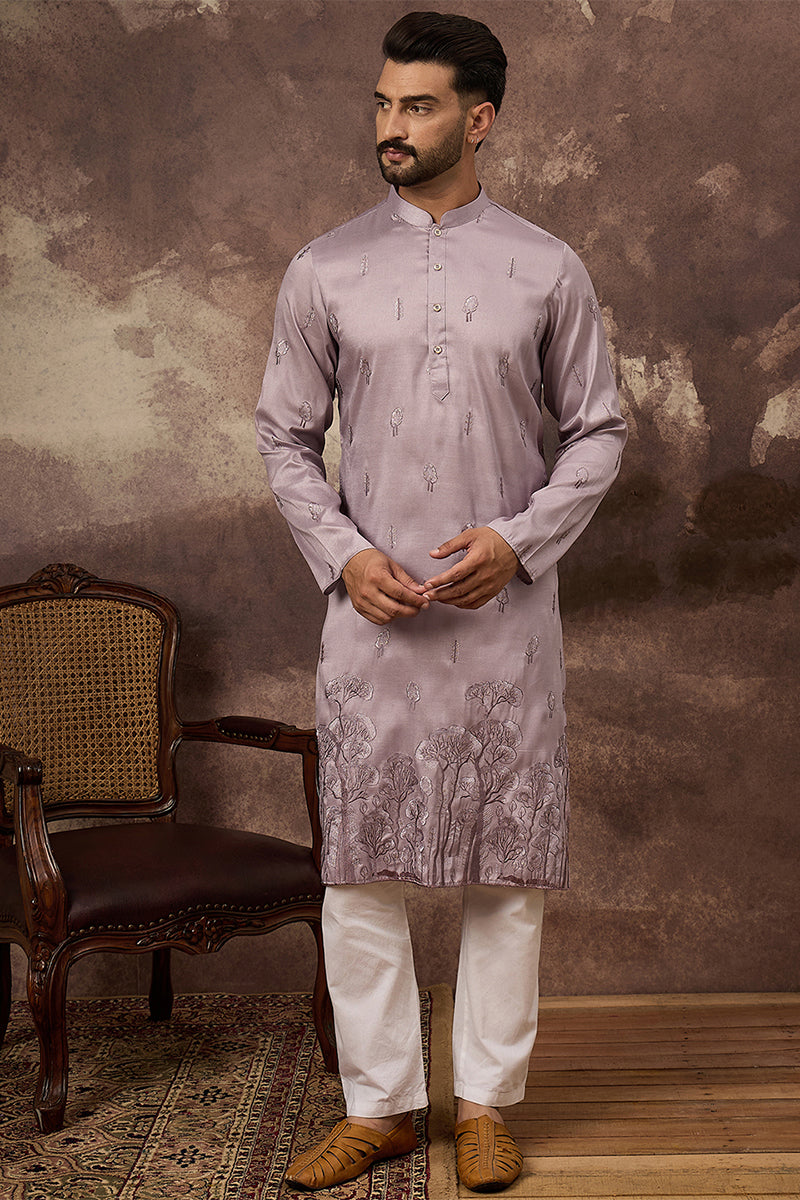 Mens Lavender Silk Blend Solid Embroidered Straight Kurta