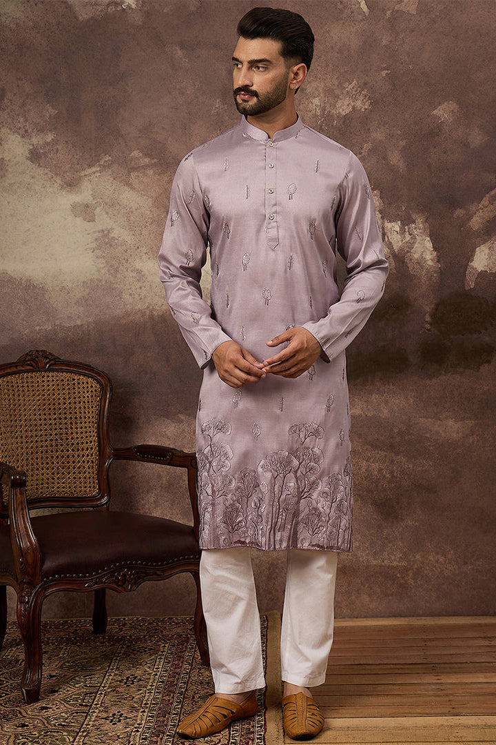 Mens Lavender Silk Blend Solid Embroidered Straight Kurta