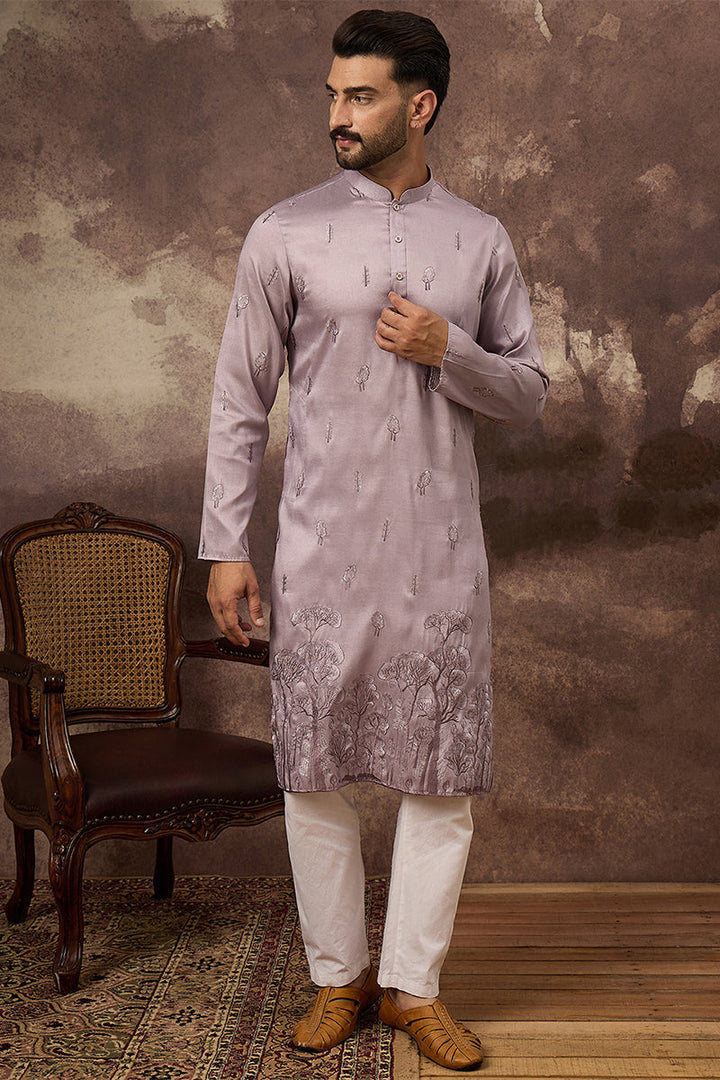 Mens Lavender Silk Blend Solid Embroidered Straight Kurta