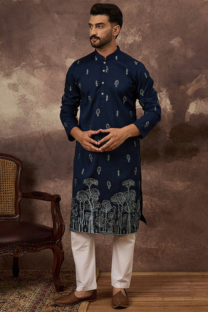 Mens Navy Blue Silk Blend Solid Embroidered Straight Kurta