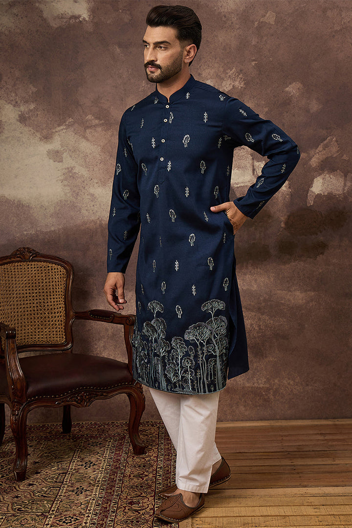 Mens Navy Blue Silk Blend Solid Embroidered Straight Kurta