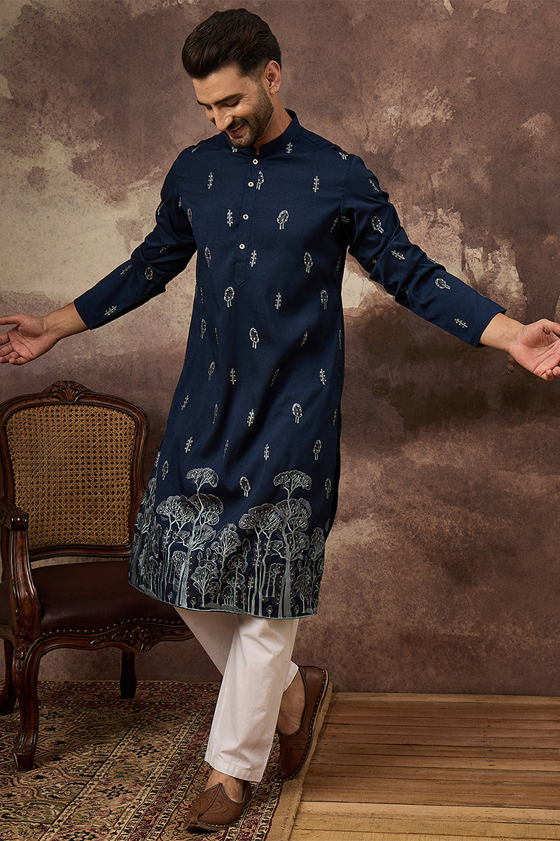 Mens Navy Blue Silk Blend Solid Embroidered Straight Kurta