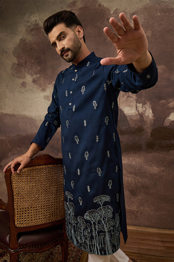 Mens Navy Blue Silk Blend Solid Embroidered Straight Kurta