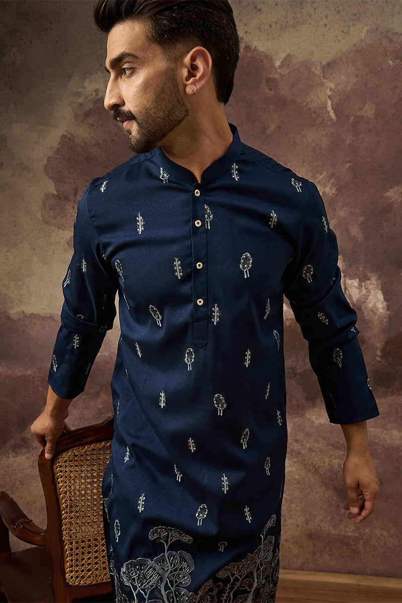 Mens Navy Blue Silk Blend Solid Embroidered Straight Kurta