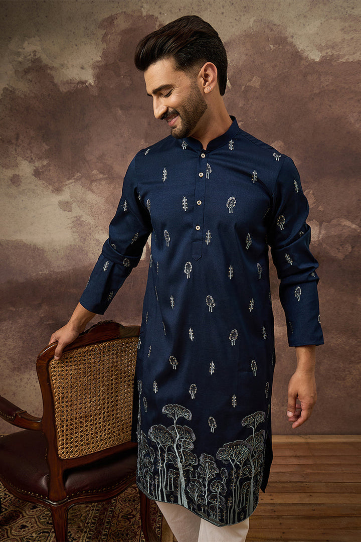 Mens Navy Blue Silk Blend Solid Embroidered Straight Kurta