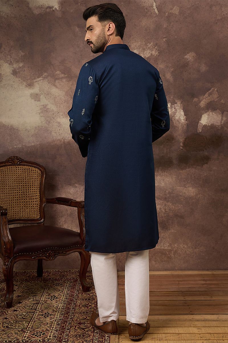 Mens Navy Blue Silk Blend Solid Embroidered Straight Kurta