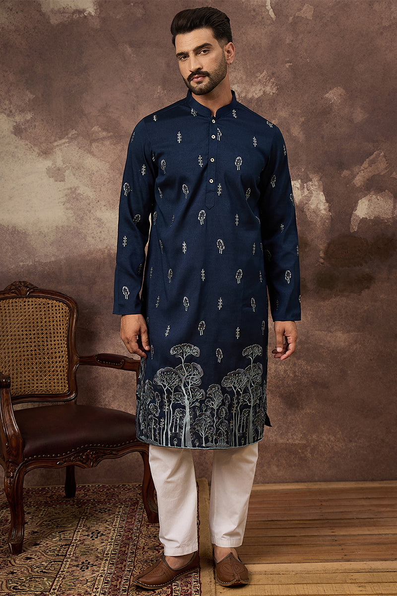 Mens Navy Blue Silk Blend Solid Embroidered Straight Kurta