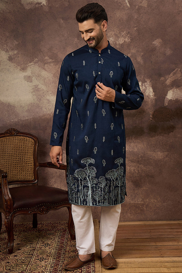 Mens Navy Blue Silk Blend Solid Embroidered Straight Kurta