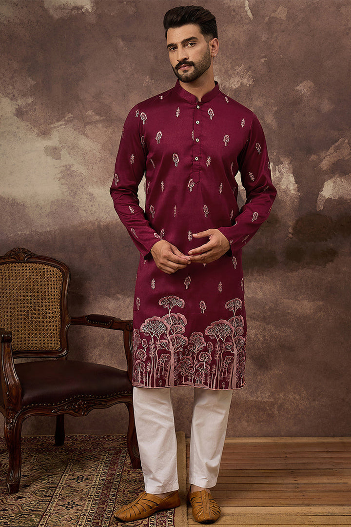 Mens Maroon Silk Blend Solid Embroidered Straight Kurta