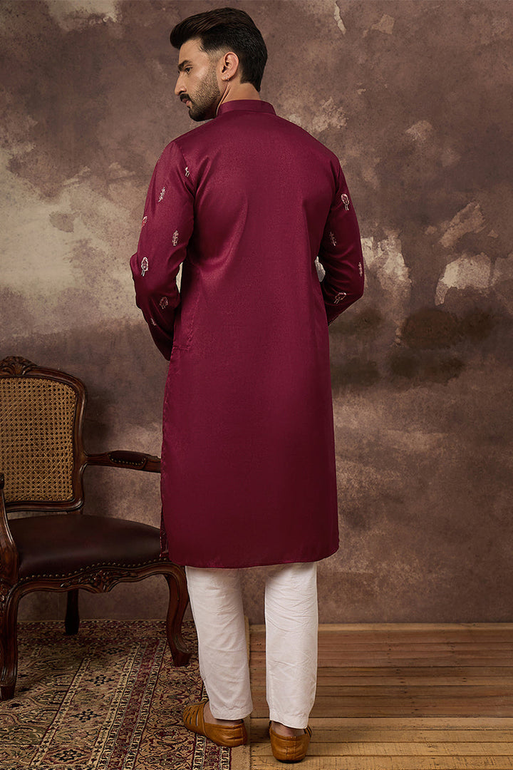 Mens Maroon Silk Blend Solid Embroidered Straight Kurta
