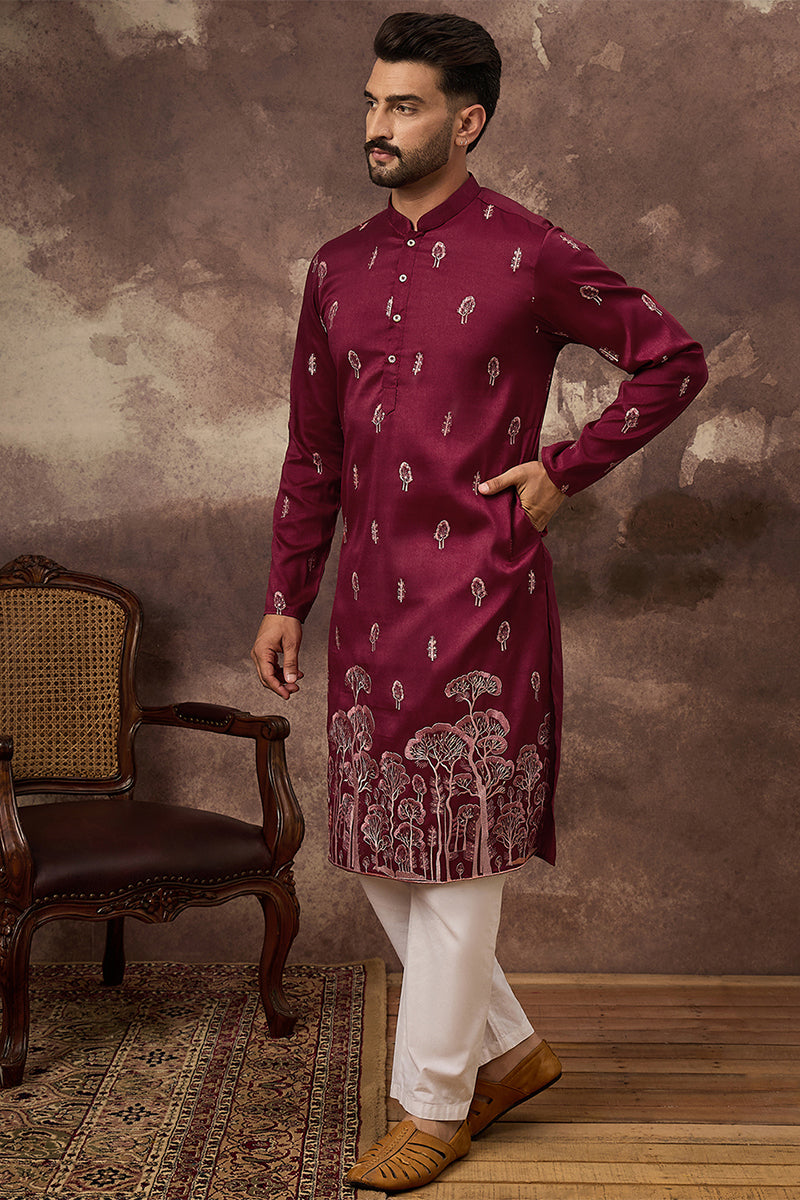 Mens Maroon Silk Blend Solid Embroidered Straight Kurta