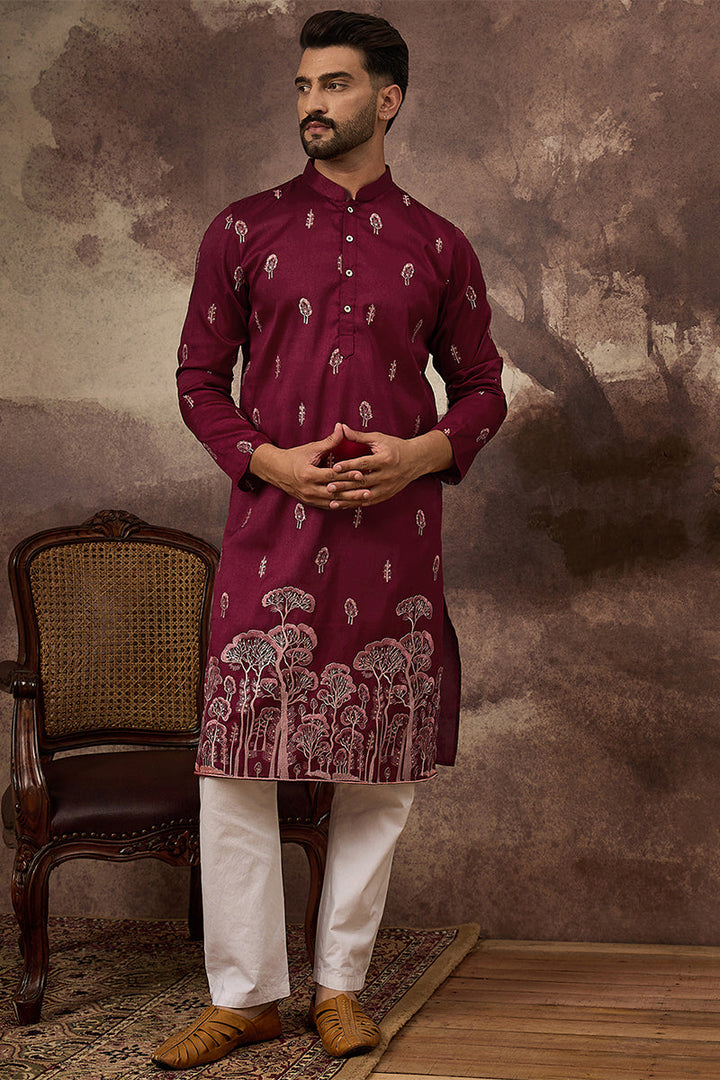 Mens Maroon Silk Blend Solid Embroidered Straight Kurta