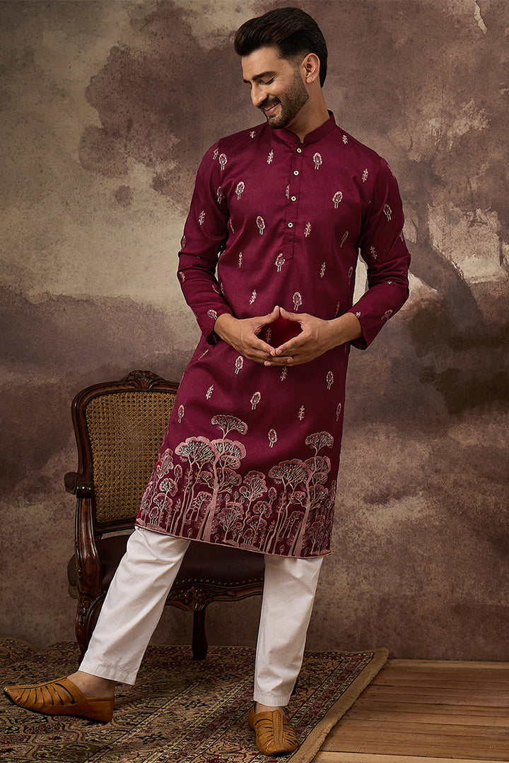 Mens Maroon Silk Blend Solid Embroidered Straight Kurta