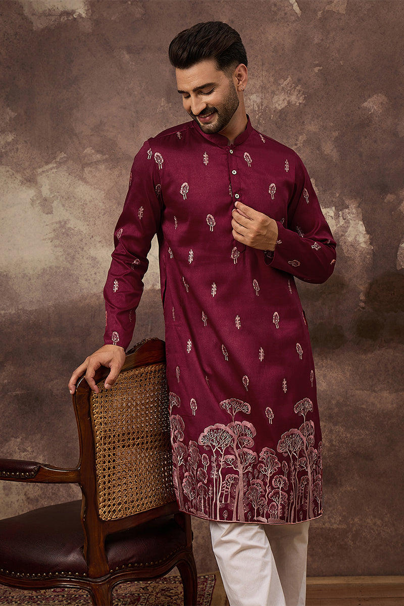 Mens Maroon Silk Blend Solid Embroidered Straight Kurta