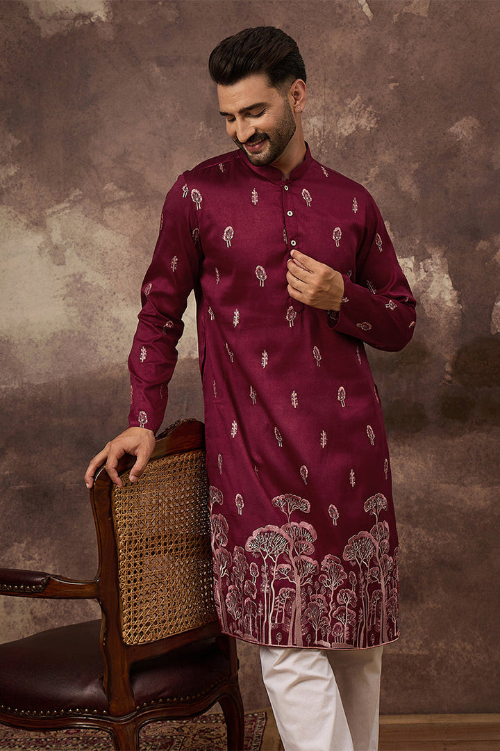 Mens Maroon Silk Blend Solid Embroidered Straight Kurta