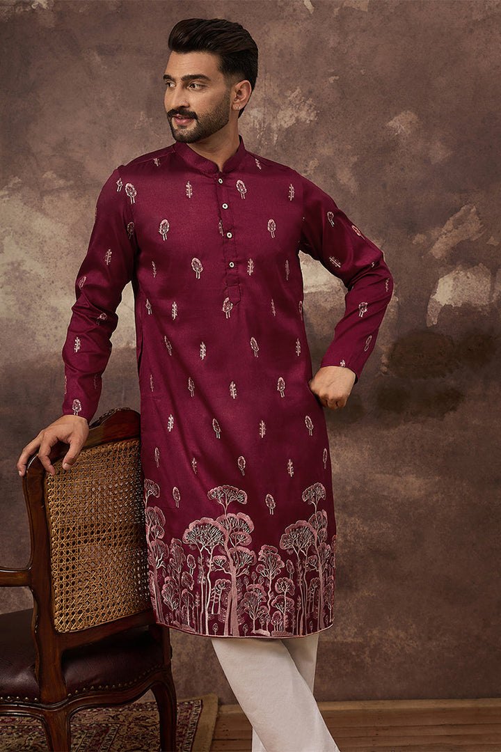 Mens Maroon Silk Blend Solid Embroidered Straight Kurta