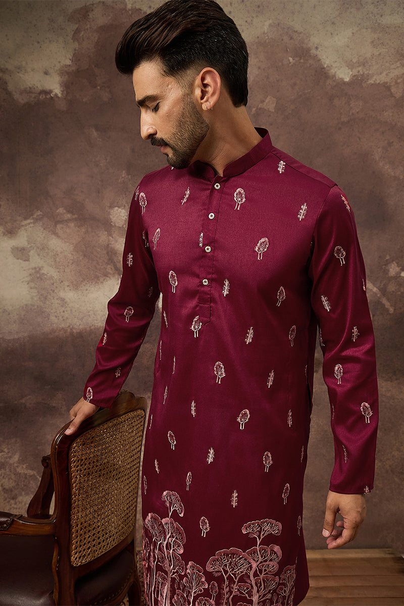Mens Maroon Silk Blend Solid Embroidered Straight Kurta